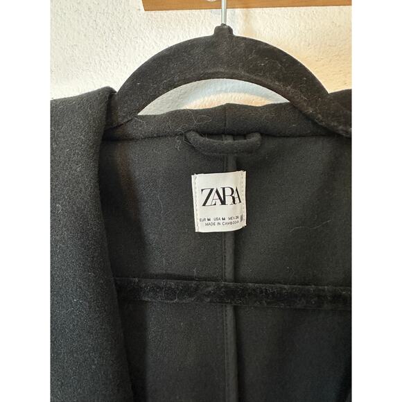 NWT Zara Women’s Sz M Black Long Pea Coat With Hood Double Breasted Wide Collar - Picture 5 of 5